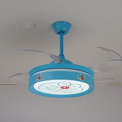 Quạt trần đèn thiết kế 4 cánh màu xanh họa tiết dễ thương cho bé QT-83