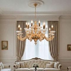 Đèn chùm đồng nguyên chất, chao đá ngọc trắng cao cấp DCD-105