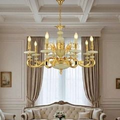 Đèn chùm đồng nguyên chất, chao đá ngọc trắng cao cấp DCD-107