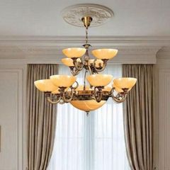 Đèn chùm đồng nguyên chất, chao đá ngọc trắng cao cấp DCD-137