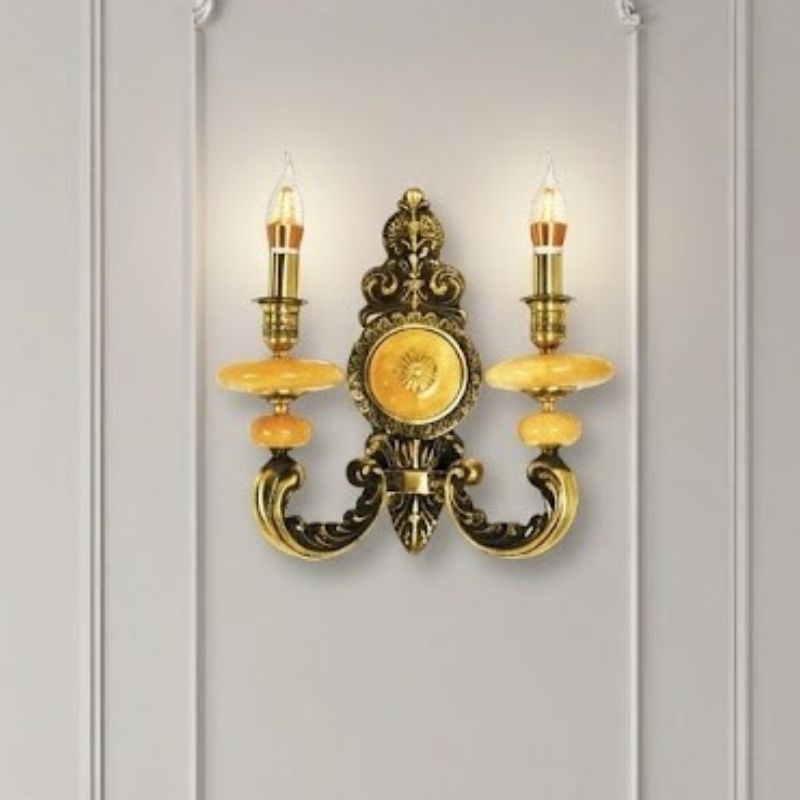 Đèn vách đồng nguyên chất thiết kế tay nến, chao đá cẩm thạch VD-189