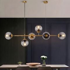 Đèn thả decor - khung ngang, kim loại phối thủy tinh cầu xám khói 5 bóng TDC-1812
