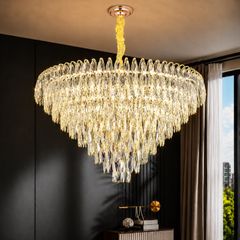 Đèn chùm pha lê cao cấp, thiết kế tròn, pha lê hình lá phối màu khói DC-1049