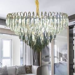 Đèn chùm pha lê cao cấp, thiết kế tròn, pha lê hình lá phối màu khói DC-1049