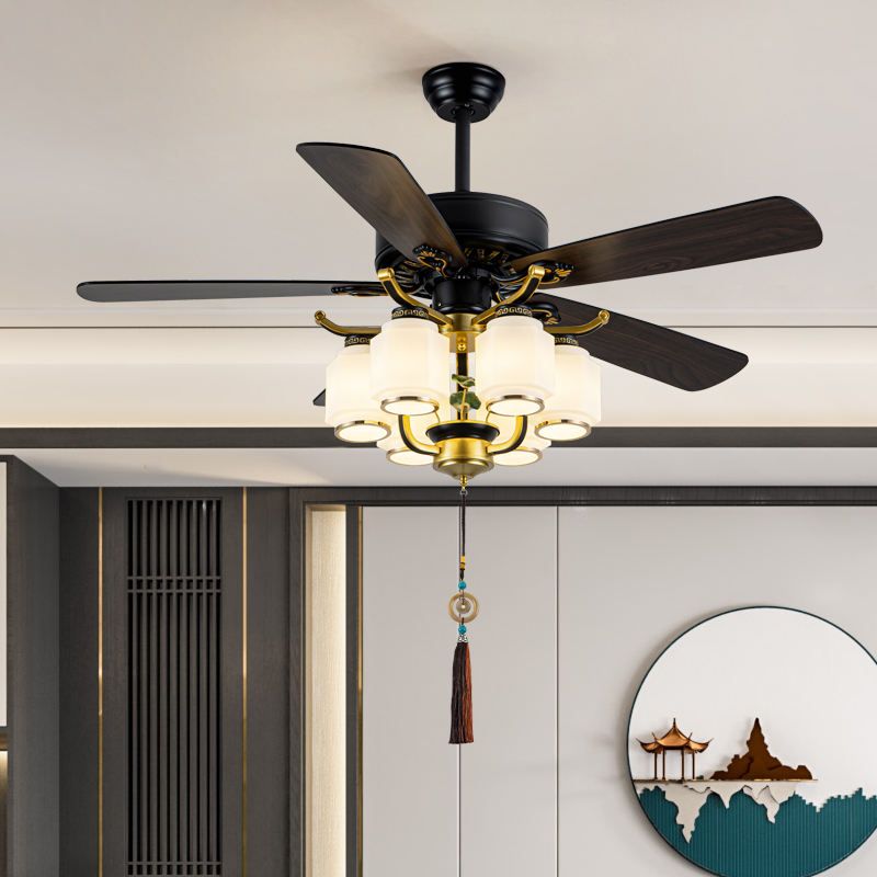 Quạt trần đèn 5 cánh gỗ, phong cách cổ điển QT-74