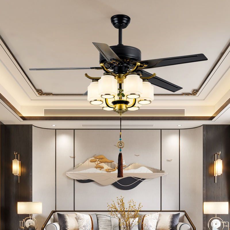 Quạt trần đèn 5 cánh gỗ, phong cách cổ điển QT-74