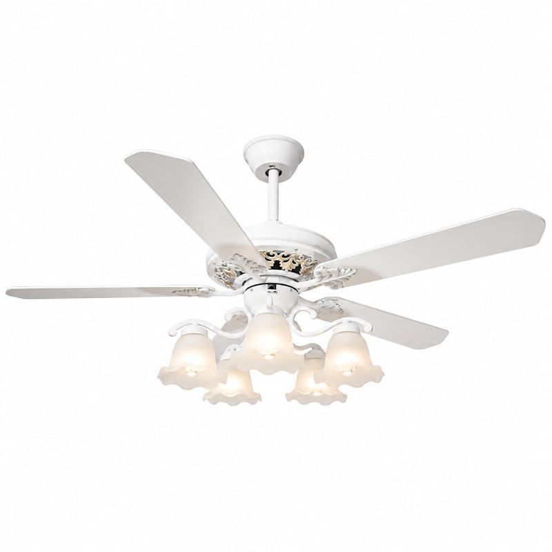 Quạt trần đèn, 5 cánh gỗ, thiết kế chao đá cổ điển QT-182