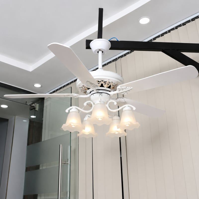 Quạt trần đèn, 5 cánh gỗ, thiết kế chao đá cổ điển QT-182