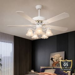 Quạt trần đèn, 5 cánh gỗ, thiết kế chao đá cổ điển QT-182