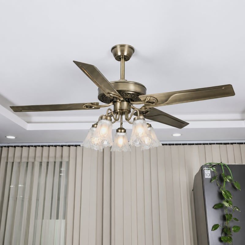 Quạt trần đèn, 5 cánh kim loại thiết kế chao đá cổ điển QT-180