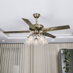 Quạt trần đèn, 5 cánh kim loại thiết kế chao đá cổ điển QT-180