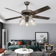 Quạt trần đèn, 5 cánh kim loại thiết kế chao đá cổ điển QT-180