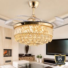 Quạt trần đèn, cánh xếp, phối khung pha lê cao cấp QT-112