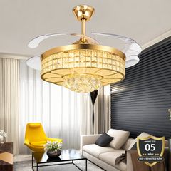 Quạt trần đèn, cánh xếp, phối khung pha lê cao cấp QT-113