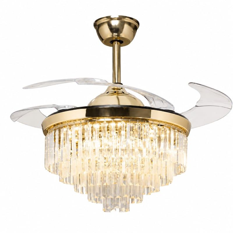 Quạt trần đèn, cánh xếp, phối khung pha lê cao cấp QT-279