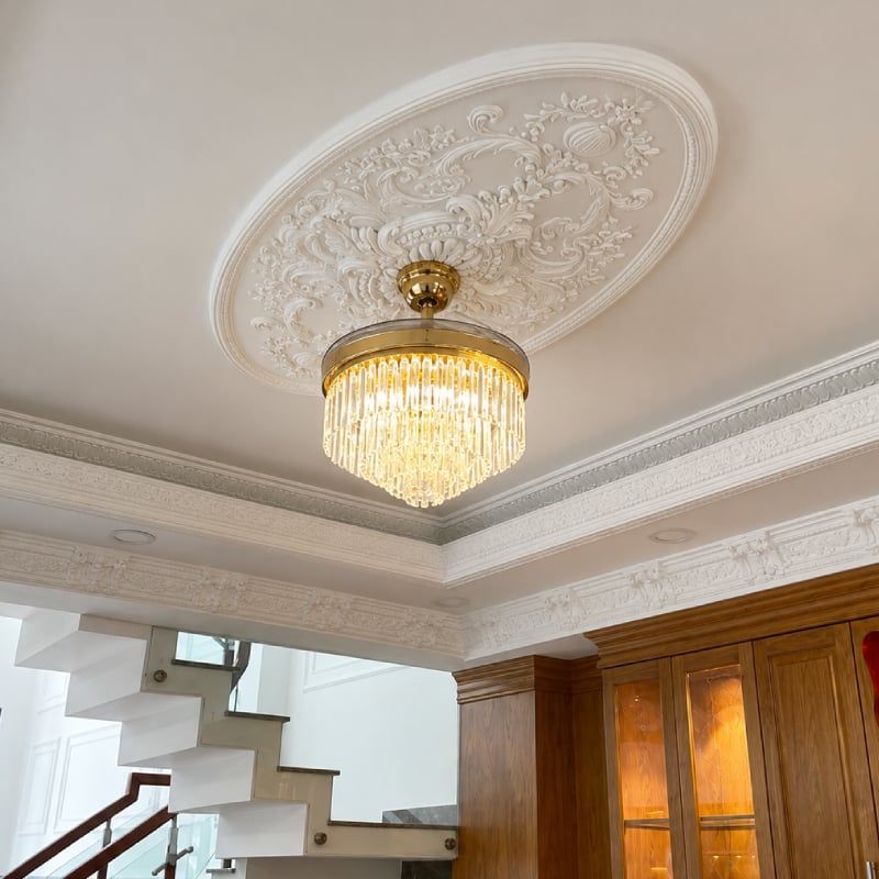 Quạt trần đèn, cánh xếp, phối khung pha lê cao cấp QT-279