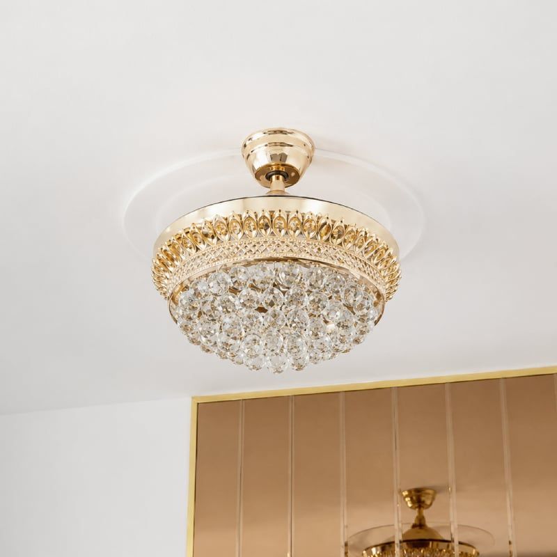 Quạt trần đèn, cánh xếp, phối khung pha lê cao cấp QT-280