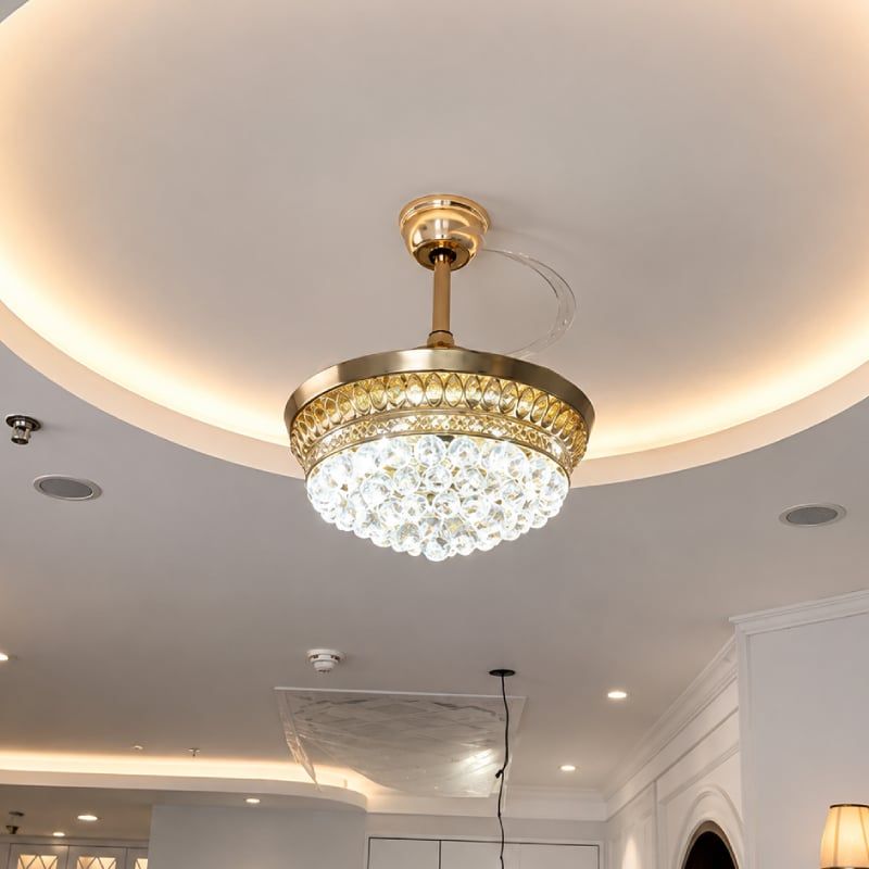 Quạt trần đèn, cánh xếp, phối khung pha lê cao cấp QT-280