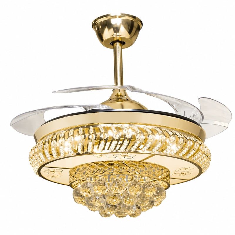Quạt trần đèn, cánh xếp, phối khung pha lê cao cấp QT-282