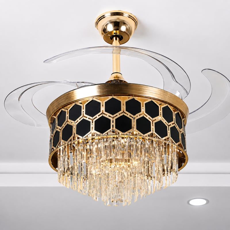 Quạt trần đèn, cánh xếp, phối khung pha lê cao cấp QT-283