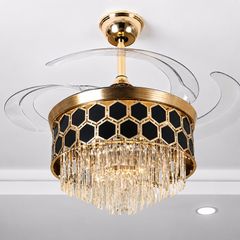 Quạt trần đèn, cánh xếp, phối khung pha lê cao cấp QT-283