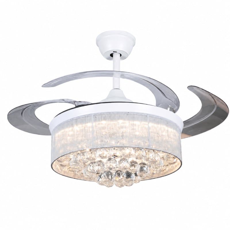 Quạt trần đèn, cánh xếp, phối khung pha lê cao cấp QT-284