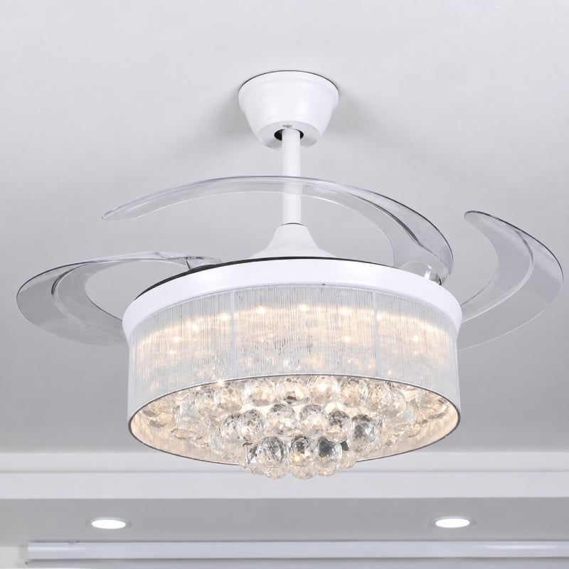 Quạt trần đèn, cánh xếp, phối khung pha lê cao cấp QT-284
