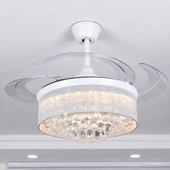 Quạt trần đèn, cánh xếp, phối khung pha lê cao cấp QT-284