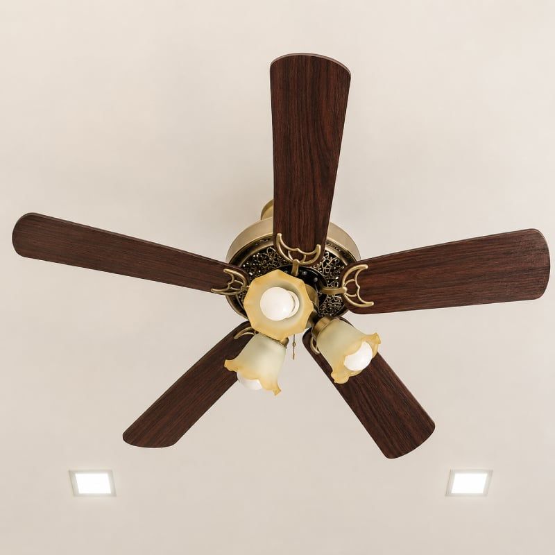 Quạt trần đèn thiết kế 5 cánh gỗ phong cách cổ điển QT-217