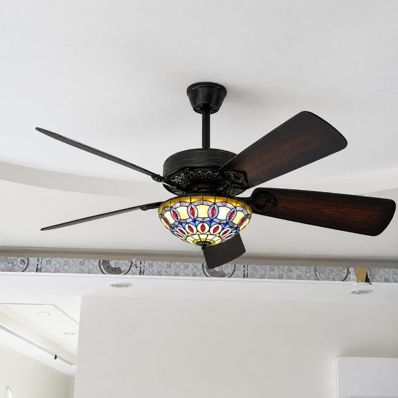 Quạt trần đèn thiết kế 5 cánh gỗ phong cách cổ điển QT-222