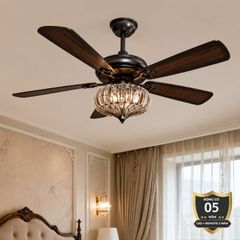 Quạt trần đèn thiết kế 5 cánh gỗ phong cách cổ điển QT-226