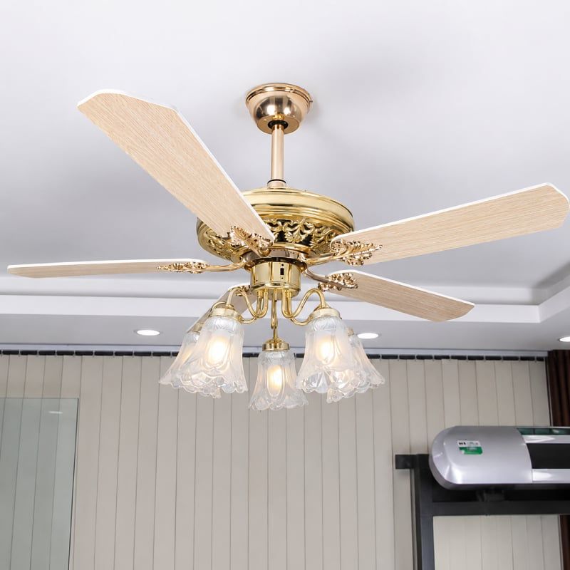 Quạt trần đèn thiết kế 5 cánh gỗ phong cách cổ điển QT-230