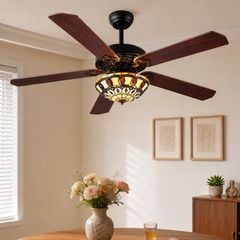 Quạt trần đèn thiết kế 5 cánh gỗ phong cách cổ điển QT-96