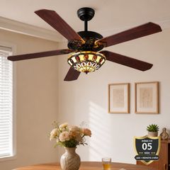 Quạt trần đèn thiết kế 5 cánh gỗ phong cách cổ điển QT-96