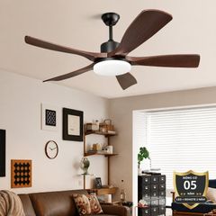 Quạt trần đèn thiết kế 5 cánh nhựa màu cacao tối giản, hiện đại QT-264