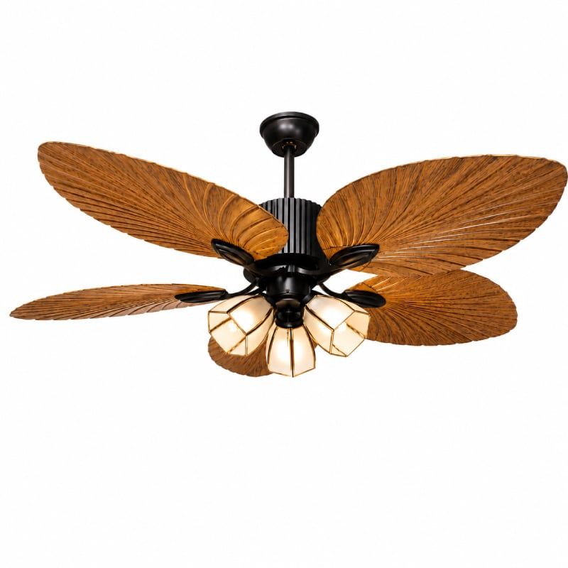 Quạt trần thiết kế 5 cánh lá cọ tích hợp đèn led nghệ thuật QT-190