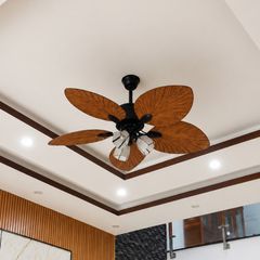 Quạt trần thiết kế 5 cánh lá cọ tích hợp đèn led nghệ thuật QT-190