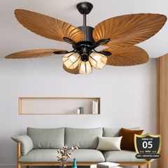 Quạt trần thiết kế 5 cánh lá cọ tích hợp đèn led nghệ thuật QT-190