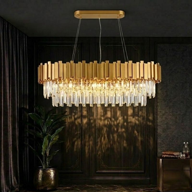Đèn chùm phale, thiết kế thả ngang, khung kim loại si vàng đồng phối thẻ phale trắng TDC-183