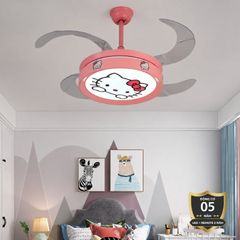 Quạt trần đèn thiết kế 4 cánh màu hồng họa tiết dễ thương cho bé QT-84