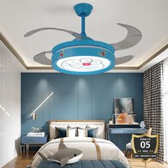 Quạt trần đèn thiết kế 4 cánh màu xanh họa tiết dễ thương cho bé QT-83