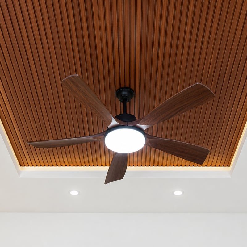 Quạt trần đèn thiết kế 5 cánh nhựa màu cacao tối giản, hiện đại QT-264