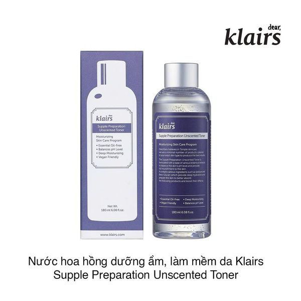 Nước hoa hồng dưỡng ẩm, làm mềm da Klairs Supple Preparation Unscented Toner 180ml (Không mùi)