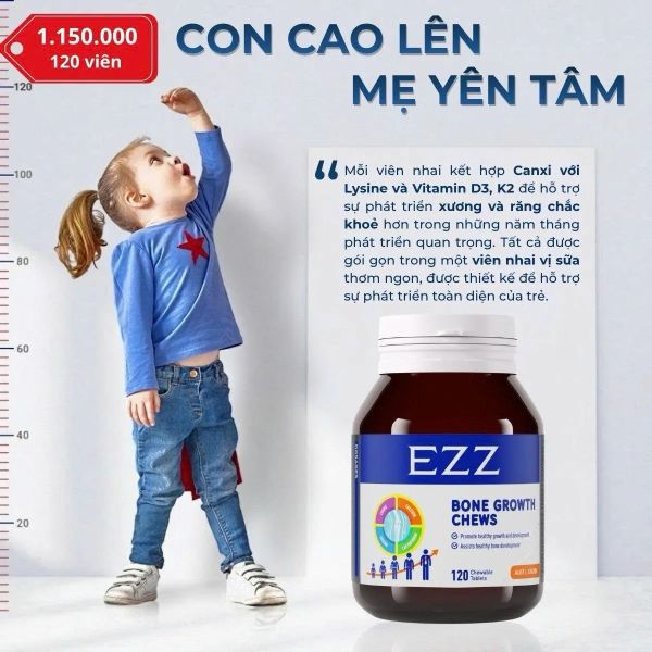 Viên nhai canxi hỗ trợ tăng chiều cao và phát triển xương EZZ Bone Growth Chews 120 viên