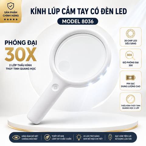 Kính lúp cầm tay có đèn led 30x pin sạc 8036