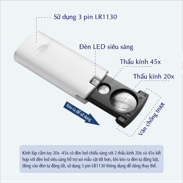 Kính lúp cầm tay mini 20-45x có đèn led chiếu sáng 92045