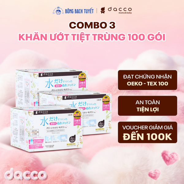 Combo 3 Khăn ướt tiệt trùng Dacco - giúp vệ sinh tay chân và vùng nhạy cảm cho Mẹ&bé (hộp 100 gói) 