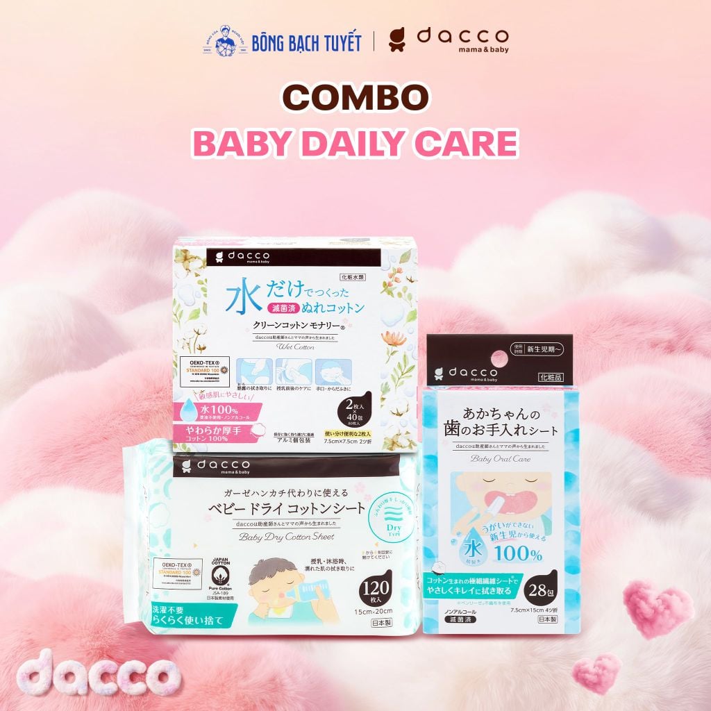  Combo Baby Daily Care: Khăn khô + Khăn ướt 40 gói + Gạc rơ 