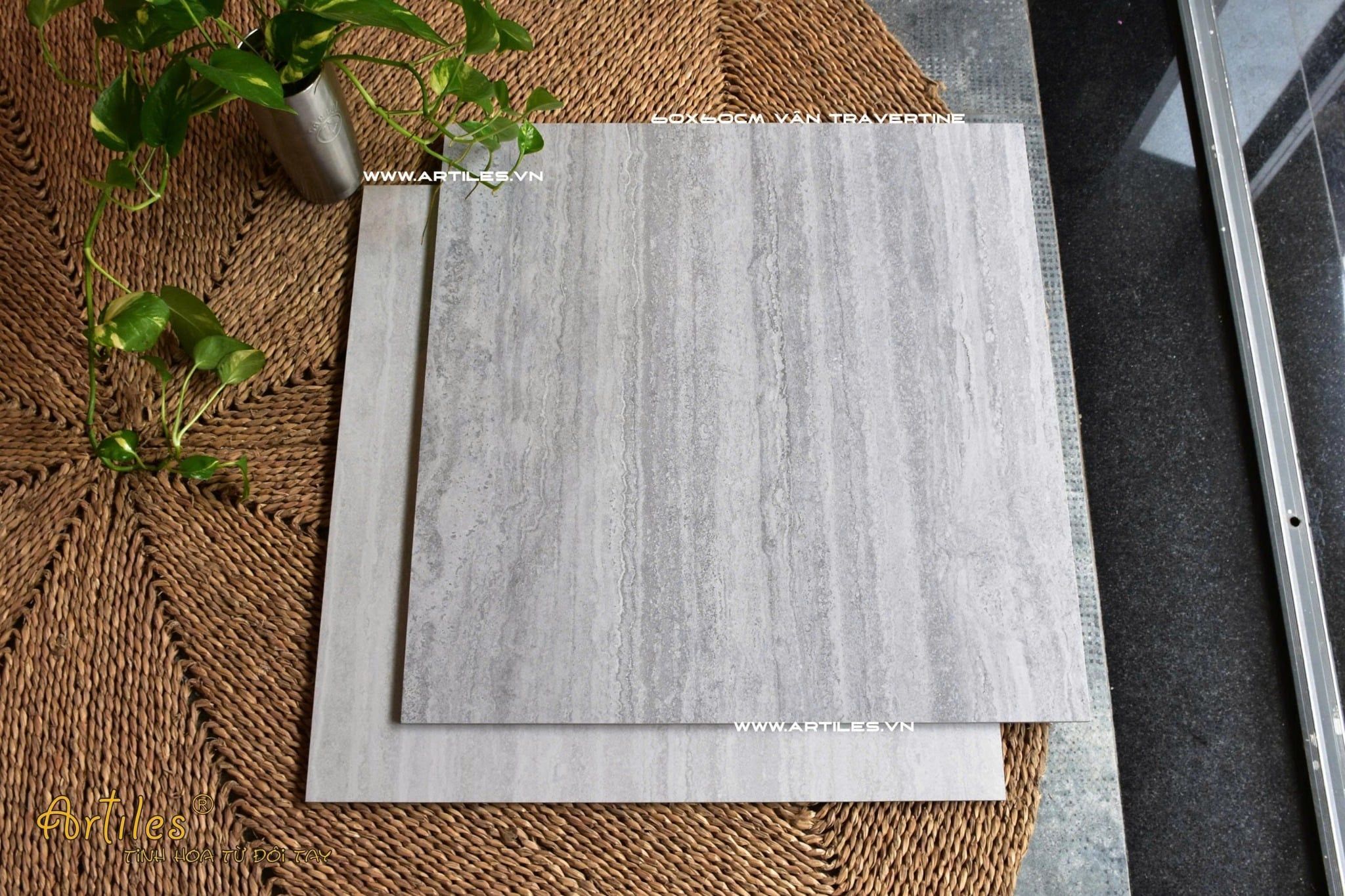 Gạch vân đá Travertine 60x60cm màu xám