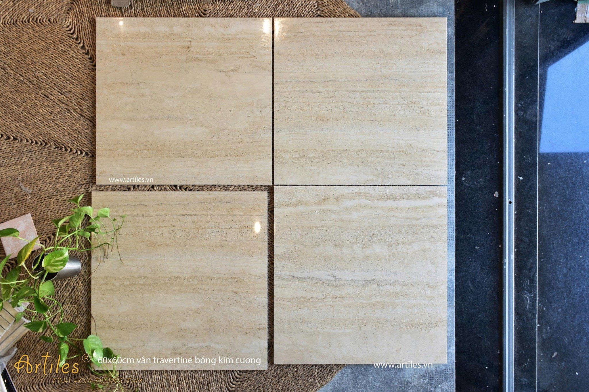 Gạch vân đá Travertine 60x60cm màu kem vàng